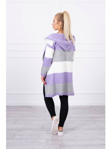 Dryžuotas ilgas megztinis kardiganas MOD447 - nebalinta drobė+violetinė+pilka 2