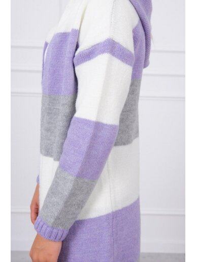 Dryžuotas ilgas megztinis kardiganas MOD447 - nebalinta drobė+violetinė+pilka 3