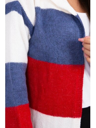 Dryžuotas ilgas megztinis kardiganas MOD447 - nebalinta drobė+džinsinė+raudona 3