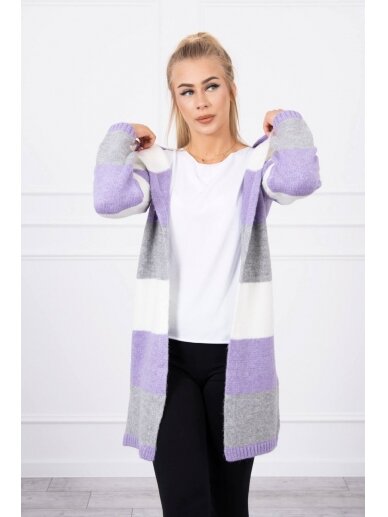Dryžuotas ilgas megztinis kardiganas MOD447 - nebalinta drobė+violetinė+pilka