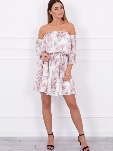 Gėlėta smėlinės spalvos suknelė MOD241 GP