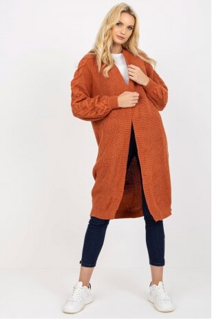 Tamsiai oranžinės spalvos ilgas megztinis kardiganas MOD2030